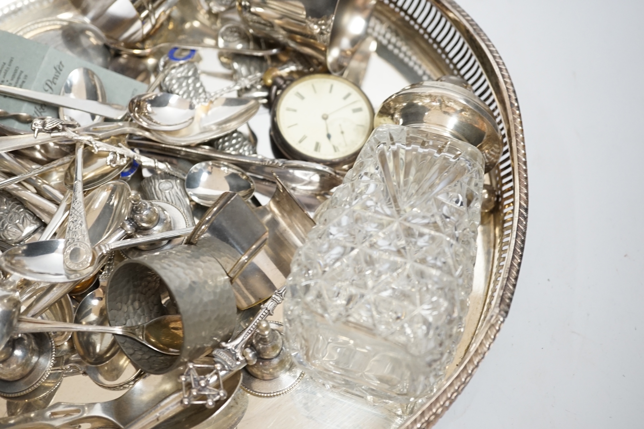 Assorted silver plated and pewter items including a gallery tray, etc. together with a silver pocket watch and silver mounted glass sugar sifter.